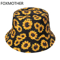 FOXMOTHER New Fashion Spring Summer Black Floral Fisherman Caps Panama Bob Sunflower Print Bucket Hat For Women Mens