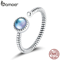 bamoer 925 Sterling Silver Moonlight Lover Finger Rings for Women Vintage Retro Synthetic Moonstone Rings Fine Jewelry SCR698