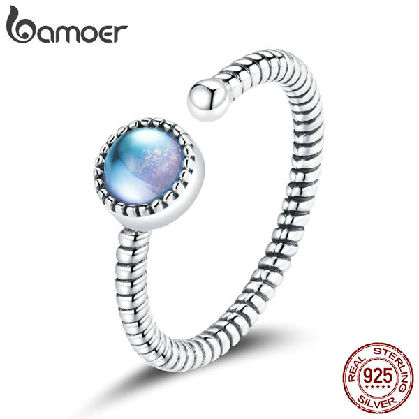 bamoer 925 Sterling Silver Moonlight Lover Finger Rings for Women Vintage Retro Synthetic Moonstone Rings Fine Jewelry SCR698