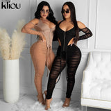 Kliou Stacked Mesh Two Piece Set Women Streetwear Off Shoulder Zipper Tops+High Waist Pants Skinny Slim Sexy Clubwear Outfits