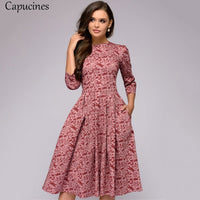 Capucines Navy Blue 3/4 Sleeves Printed Dress Women 2021 Spring Summer Vintage Pocket A-line Casual Dress Elegent Party Vestidos