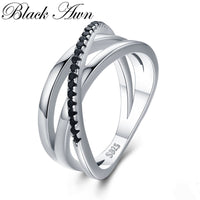Black Awn Classic 925 Sterling Silver Fine Jewelry Baguet Row Engagement Black Spinel Wedding Rings for Women Bijoux Femme G006