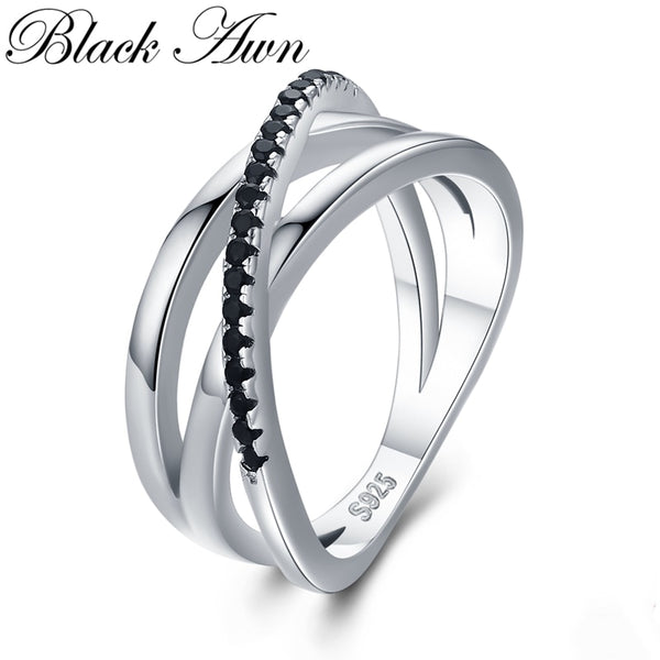 Black Awn Classic 925 Sterling Silver Fine Jewelry Baguet Row Engagement Black Spinel Wedding Rings for Women Bijoux Femme G006