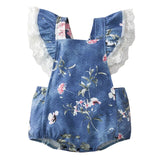 Summer Newborn Baby Girl Short-sleeved Bodysuit Cotton Knitted Denim Lace Decoration Sweet Flying Sleeves Jumpsuit Clothes