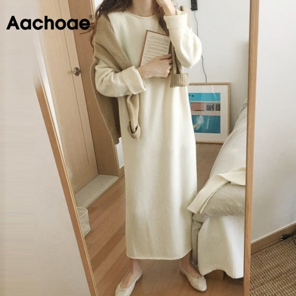 Aachoae O Neck Knitted Dress Women Batwing Long Sleeve Basic Casual Straight Dress Soft Home Style Lady Long Dresses Vestidos