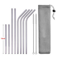 DEOUNY Metal Tubes With Bag And Cleaner Brush 304 Stainless Steel Reusable Straight Bent Cocktail Straws 11PCS Bar Accessories