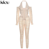 Kliou Stacked Mesh Two Piece Set Women Streetwear Off Shoulder Zipper Tops+High Waist Pants Skinny Slim Sexy Clubwear Outfits