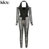 Kliou Stacked Mesh Two Piece Set Women Streetwear Off Shoulder Zipper Tops+High Waist Pants Skinny Slim Sexy Clubwear Outfits
