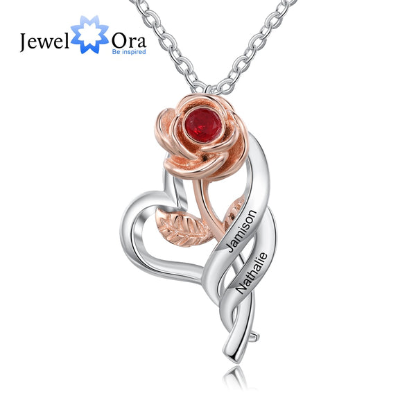 JewelOra Personalized Name Engraving Rose Flower Pendant Necklace Customized 12 Colors Birthstone Necklace Valentines Day Gift