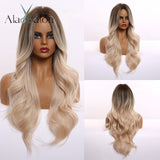 ALAN EATON Long Ombre Light Ash Brown Blonde Wavy Wig Cosplay Party Daily Synthetic Wig for Women High Density Temperature Fibre