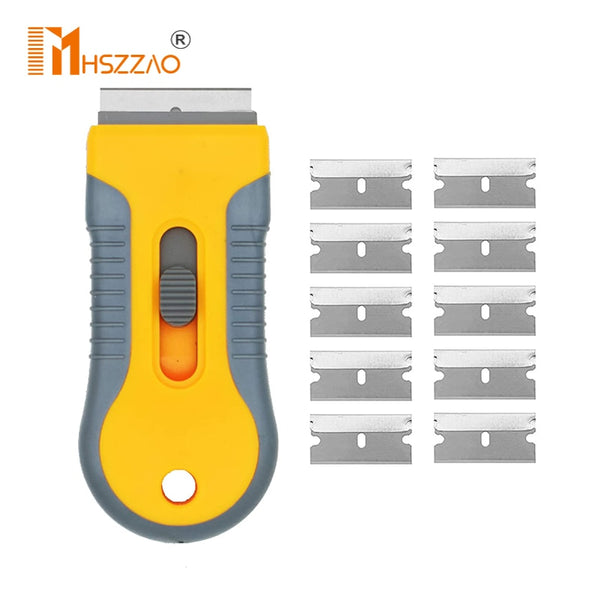 Safety Locking Razor Blade Scraper Decal Scraper Plastic Scraper with 10pcs Carbon Steel Blades for Glass Adhesive Removing