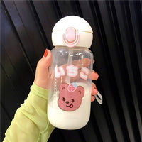Kawaii Bear Glass Water Bottles Cute Cartoon Cup With Straw Portable Leakproof Kids Water Bottle For Girls School Drinking Cup