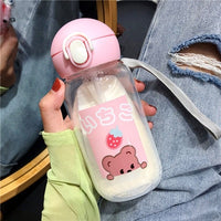 Kawaii Bear Glass Water Bottles Cute Cartoon Cup With Straw Portable Leakproof Kids Water Bottle For Girls School Drinking Cup