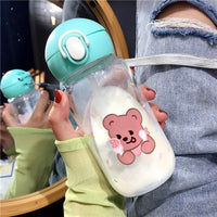 Kawaii Bear Glass Water Bottles Cute Cartoon Cup With Straw Portable Leakproof Kids Water Bottle For Girls School Drinking Cup