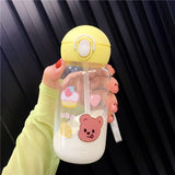 Kawaii Bear Glass Water Bottles Cute Cartoon Cup With Straw Portable Leakproof Kids Water Bottle For Girls School Drinking Cup