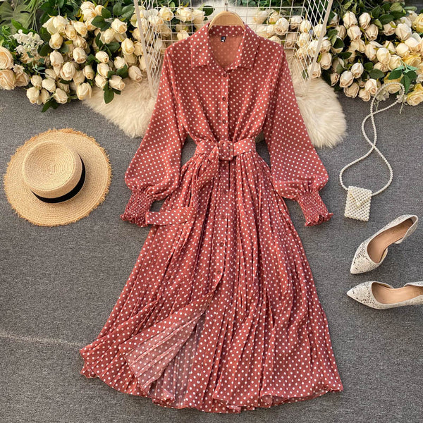Croysier Dresses For Women Office Lady Long Sleeve Shirt Dress Vintage Elegant Polka Dot Chiffon Pleated Midi Dress With Belt