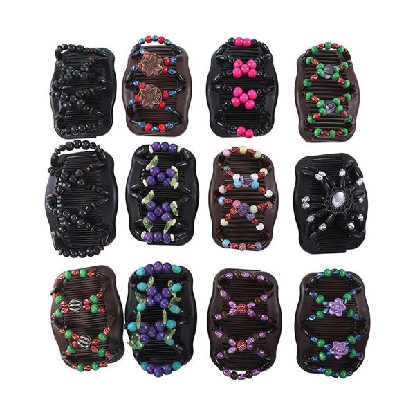 Butterfly Simulated Wood Bead Stretchy Hair Combs Double Magic Slide Comb Clip Hairpins For Women Clamp Pins Hair Accessories