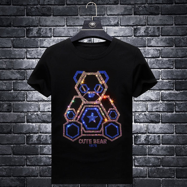 Plus Size 7XL 2021 Cute Bear Rhinestones T Shirts Men Brand Short Sleeve Fashion Man Streetwear O Neck Slim Modal Cotton Tshirts