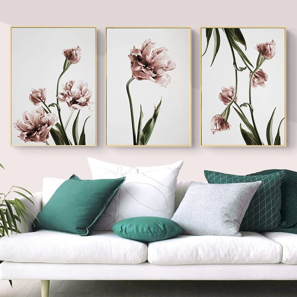 Elegant Pink Green Tulips Botanical Floral Posters Canvas Paintings  Wall Art Pictures for Living Room Bedroom Home Decoration
