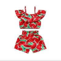 Sweet Toddler Baby Girl Kid Straped Ruffle Red Tops Watermelon Shorts Headwear Sunsuit Clothes Summer Girls Clothing 3PCS