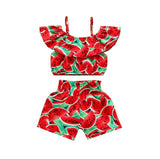 Sweet Toddler Baby Girl Kid Straped Ruffle Red Tops Watermelon Shorts Headwear Sunsuit Clothes Summer Girls Clothing 3PCS