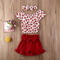 Sweet Toddler Baby Girl Kid Straped Ruffle Red Tops Watermelon Shorts Headwear Sunsuit Clothes Summer Girls Clothing 3PCS