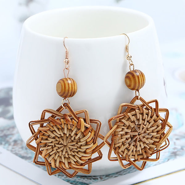 AENSOA Wooden Straw Weave Rattan Knit Vine Flowers Earrings for Women Hollow African Handmade Braid Geometric Pendant Earring