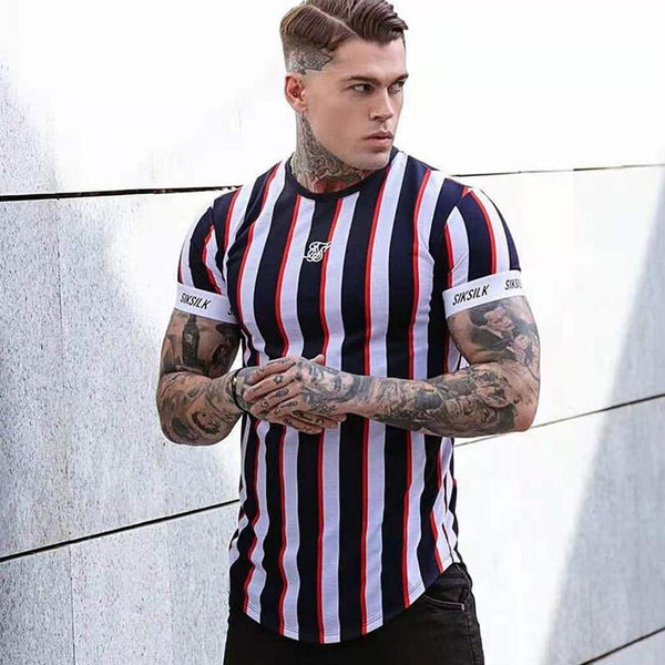 Sik Silk 2021 Summer Men&#39;s New Casual T-Shirt Fashion Striped Tide Brand Hip-Hop Short-Sleeved Street Clothing Sports Slim Tops