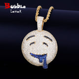 Drool Round Face Pendant Gold Color Plated Charm Bling Cubic Zircon Men's Hip Hop Necklace Rock Jewelry