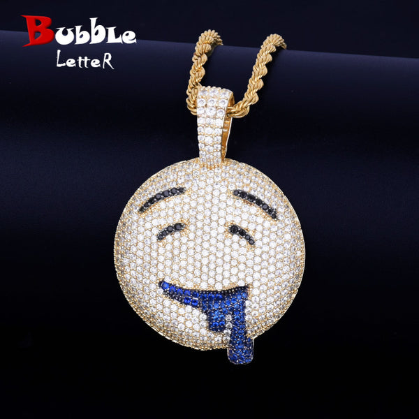 Drool Round Face Pendant Gold Color Plated Charm Bling Cubic Zircon Men's Hip Hop Necklace Rock Jewelry