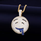 Drool Round Face Pendant Gold Color Plated Charm Bling Cubic Zircon Men's Hip Hop Necklace Rock Jewelry