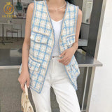 SMTHMA Women 2021 Fashion Single-Breasted Tweed Woolen Vest Vintage V Neck Sleeveless Female Vest Outerwear Chic Tops