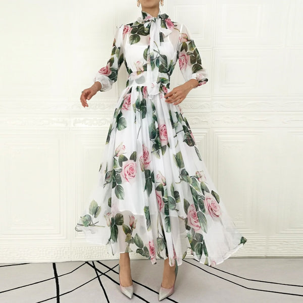 High-Quality Designer Women&#39;S Fashion Party Casual Beach Vintage Elegant Rose Flower Print Streamer White Chiffon Long Dress