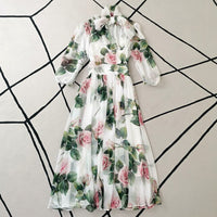 High-Quality Designer Women&#39;S Fashion Party Casual Beach Vintage Elegant Rose Flower Print Streamer White Chiffon Long Dress