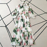 High-Quality Designer Women&#39;S Fashion Party Casual Beach Vintage Elegant Rose Flower Print Streamer White Chiffon Long Dress