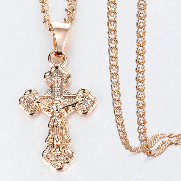 Pendant Necklace 585 Rose Gold Cross Crucifix Clear Crystal for Men Women Prayer Jesus Necklace Chain 50cm Fashion Jewelry GPM26