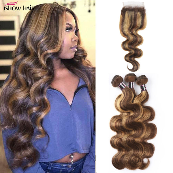 Ishow Highlight Bundles With Closure Brazilian Body Wave Bundles With Closure Brown Remy Human Hair Bundles With Closure