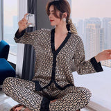 Lace Pj&#39;s 2PCS Sleepwear Women Satin Pajamas Suit Summer Pyjamas Casual Intimate Lingerie Long Sleeve Shirt&amp;Pants Lounge Wear