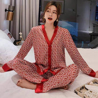 Lace Pj&#39;s 2PCS Sleepwear Women Satin Pajamas Suit Summer Pyjamas Casual Intimate Lingerie Long Sleeve Shirt&amp;Pants Lounge Wear