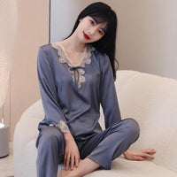 Lace Pj&#39;s 2PCS Sleepwear Women Satin Pajamas Suit Summer Pyjamas Casual Intimate Lingerie Long Sleeve Shirt&amp;Pants Lounge Wear