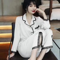 Lace Pj&#39;s 2PCS Sleepwear Women Satin Pajamas Suit Summer Pyjamas Casual Intimate Lingerie Long Sleeve Shirt&amp;Pants Lounge Wear