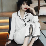 Lace Pj&#39;s 2PCS Sleepwear Women Satin Pajamas Suit Summer Pyjamas Casual Intimate Lingerie Long Sleeve Shirt&amp;Pants Lounge Wear