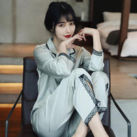 Lace Pj&#39;s 2PCS Sleepwear Women Satin Pajamas Suit Summer Pyjamas Casual Intimate Lingerie Long Sleeve Shirt&amp;Pants Lounge Wear