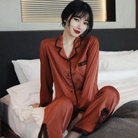Lace Pj&#39;s 2PCS Sleepwear Women Satin Pajamas Suit Summer Pyjamas Casual Intimate Lingerie Long Sleeve Shirt&amp;Pants Lounge Wear