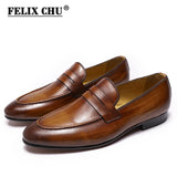 FELIX CHU Men Penny Loafers Leather Shoes Genuine Leather Elegant Wedding Party Casual Mens Dress Shoes Brown Hand-Painted Flats