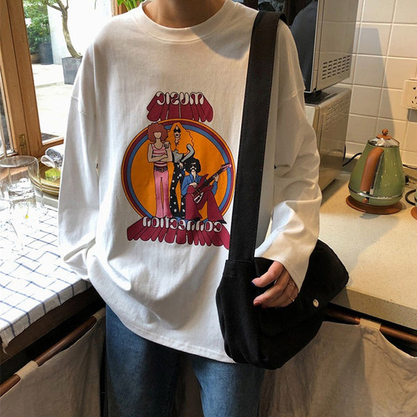 Autumn kawaii cartoon Printing T Shirt Women Long Sleeve Tshirt Femme Oversized korean Casual Loose T-Shirts Harajuku white Tops