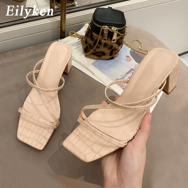 Eilyken 2022 New Women Fashion Slipper Square High Heel Classics Strap Sandal Ladies Elegant New Summer Bohemian Pumps Slides