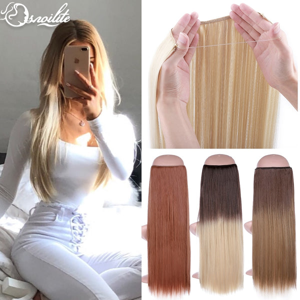 S-noilite 20Inches Synthetic Natural Hair Invisible Wire In Hair Extensions No Clip With Secrect Line Easy Attach Hairpiece