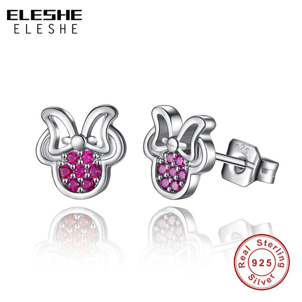 ELESHE 925 Sterling Silver Tiny Earrings With Cubic Zirconia Pink Minnie Stud Earrings For Women Girls Silver 925 Jewelry