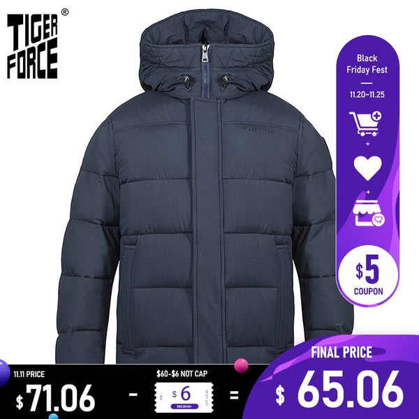 TIGER FORCE  Men's winter jacket  Hooded Mid-length fashion Parka men Down Jacket with Hooded Casual Thicken Warm Overcoat 70750